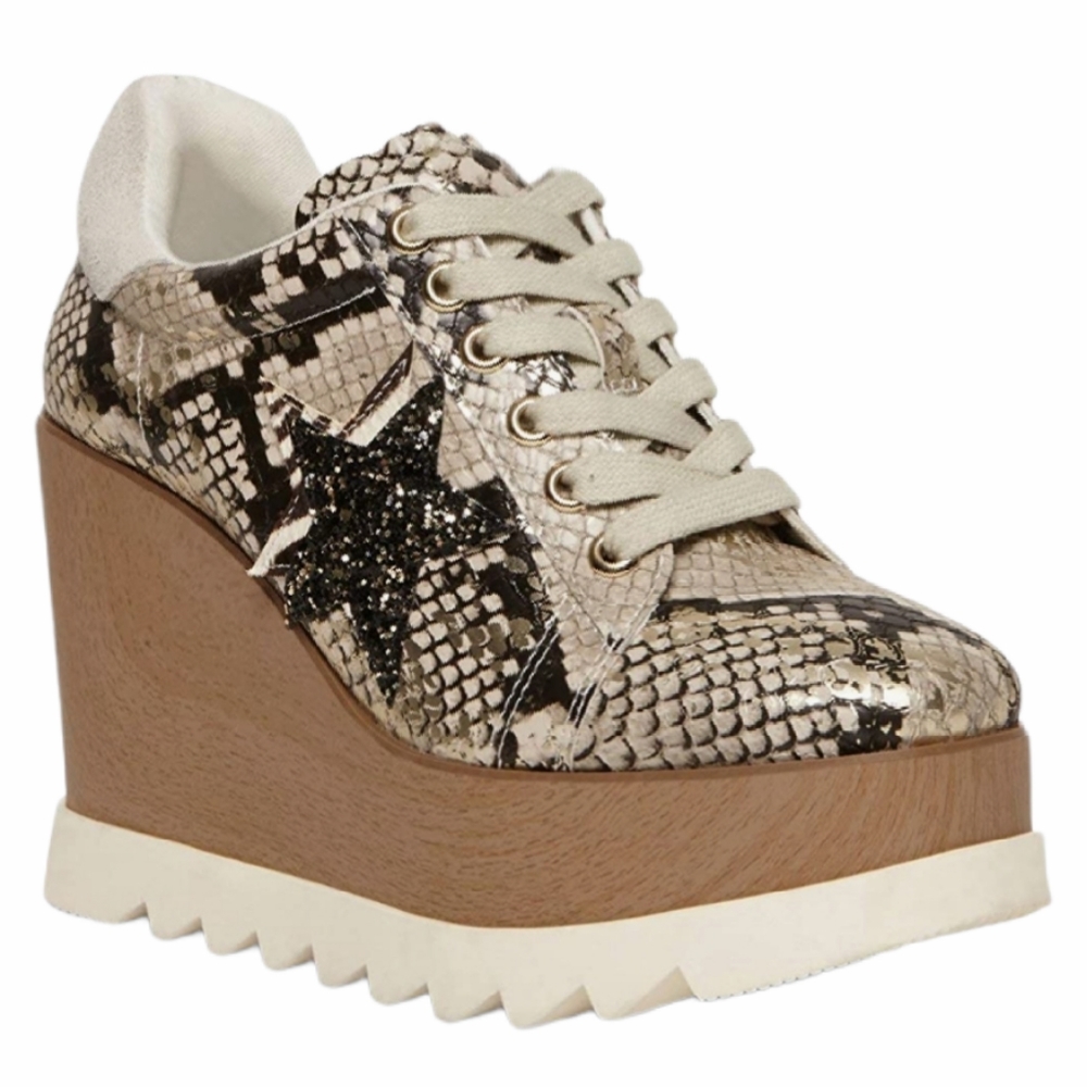 New Steve Madden UPSTAR Lace-Up Wedge High PLATFORM Shoe Sneaker Snake Beige
